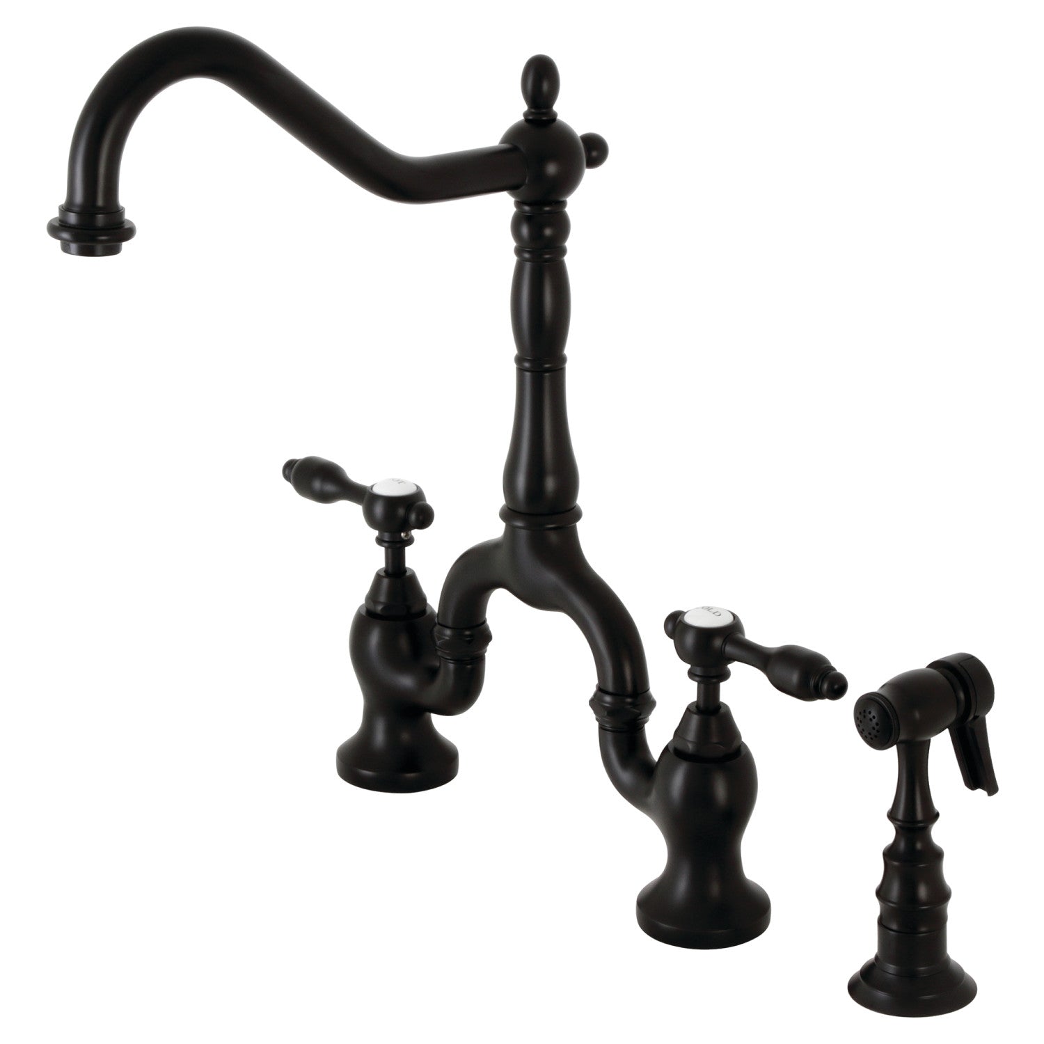 Kingston Heirloom KS7750TALBS - Tudor Two-Handle 3-Hole Deck Mount Bridge Kitchen Faucet with Brass Sprayer, Matte Black — image 1